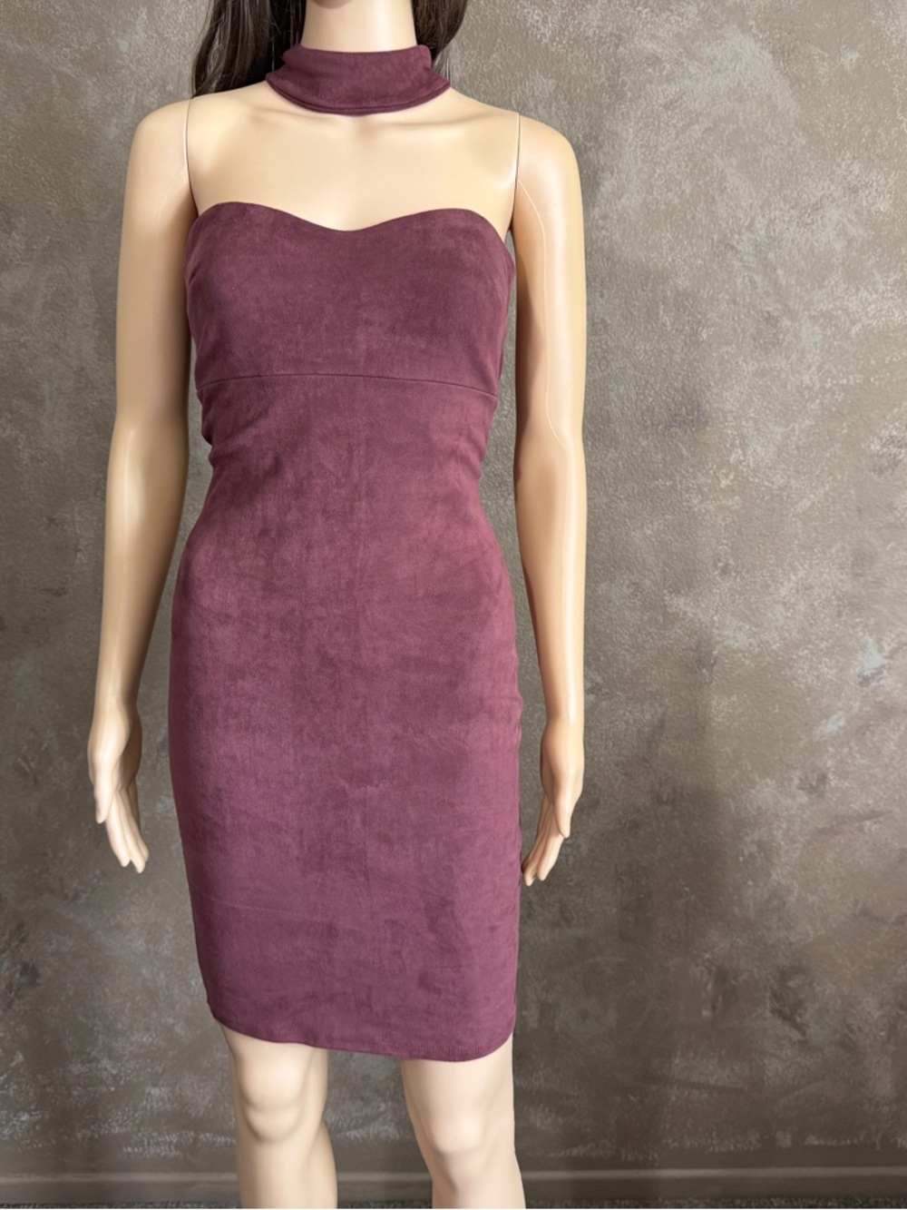 Burgundy Merlot Faux Suede Mock Neck Bodycon Dress in Plum Sz S